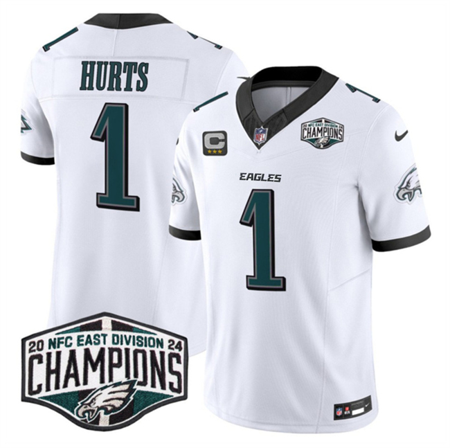 Men's Philadelphia Eagles #1 Jalen Hurts White 2024 New NFC East Champions With 3-Star C Patch F.U.S.E. Vapor Untouchable Limited Stitched Football Jersey